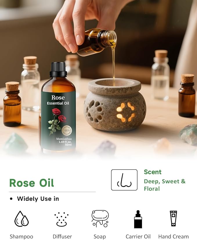 Rose Essential Oil, Pure Rose Oil Mumianhua Natural Floral Oil for Reed Diffuser, Air Freshener, Aromatherapy, Relaxation, Skin, Massage, Hair, Cologne, Candles Making, Evening Wellness 1.69 Fl Oz