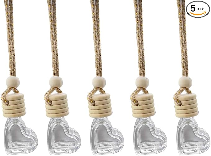5PCS Hanging Car Air Freshener Essential Oil Diffuser Charm- 8ml Empty Glass Bottle Perfume Pendant Automobile Aromatherapy Diffuser- Auto Interior Decoration for Rearview Mirror Ornament (Heart)
