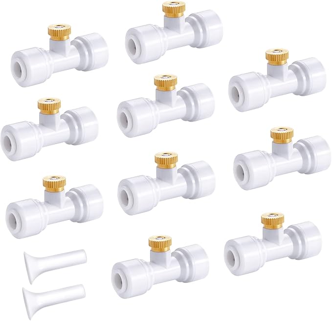 HOMENOTE 10 Pack Brass Misting Nozzles for Outdoor Cooling System, Mister Replacement Nozzles Tee and Plugs for 1/4" Tubing, Misting System Accessories for Patio, Garden, Greenhouse