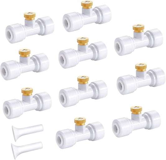 HOMENOTE 10 Pack Brass Misting Nozzles for Outdoor Cooling System, Mister Replacement Nozzles Tee and Plugs for 1/4" Tubing, Misting System Accessories for Patio, Garden, Greenhouse