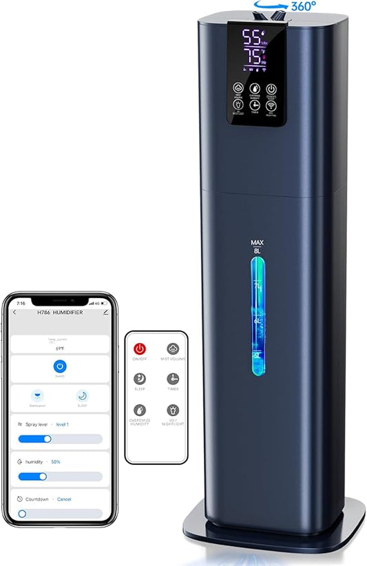 Hiswelle 8L Smart Humidifiers for Bedroom Large Room, 2.1Gal Cool Mist Top Fill Diffuser Ambient Light, App & Remote Control, 3 Mist Modes, Quiet Humidifier for Home Office Plant (Blue)