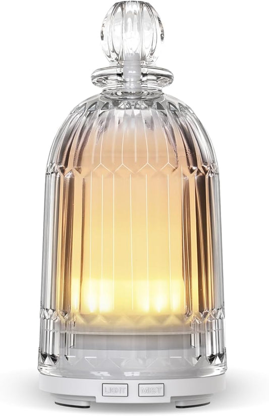 Glass Essential Oil Diffuser, Aroma Diffusers with Glass Cover & Plastic Reservoir Small Humidifiers with 7 Color LED Lights Auto-Off for Home Office Bedroom Yoga 120ml(White Bottom)