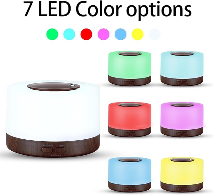 Remote Control Essential Oil Diffuser with LED Lights, Wood Grain Base, 500ml Aromatherapy Humidifier, 5.7x6.6 Inch, Timer Settings