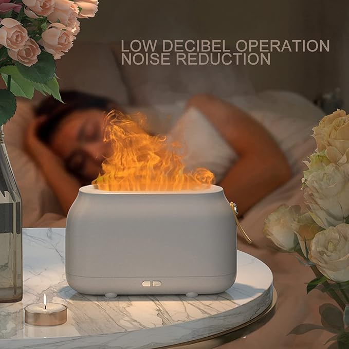 180ml Flame Humidifier Diffuser, USB Mist Humidifier with Realistic Flame Light Effect, Dual Mode Gradient Lighting, Ultra Quiet Operation for Bedroom Office Living Room Car, White
