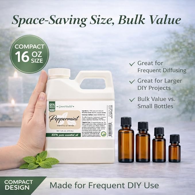 GreenHealth Peppermint Essential Oil – 2 Pack (16 fl oz Each) – 100% Pure & Uncut – White Plastic Jugs – Bulk Essential Oil for Diffusers, DIY, Cleaning