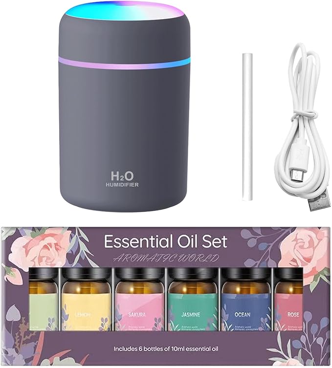 USB Essential Oil Diffuser with 6 Oils, Portable Ultrasonic Aromatherapy Diffuser for Home & Car, Cool Mist, 7-Color LED Night Light, Auto Shut-Off, One-Button Control,3 Colors (Grey)