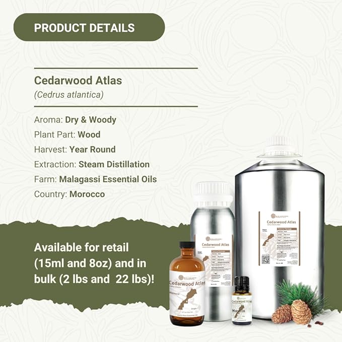 Cedarwood Atlas Essential Oil - Direct from Morocco Forests - Steam Distilled - Cedro del Atlas for Aromatherapy, Massage, Diffuser, DIY Candle and Soap Making - 8oz