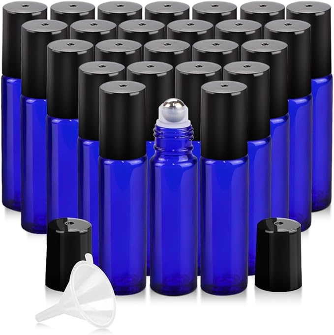 Worldgsb 25 Pack Essential Oil Roller Bottles, 10ml Refillable Glass Roller Bottles with Stainless Steel Roller Balls and Caps for Travel, Perfume and Lip Gloss Blue