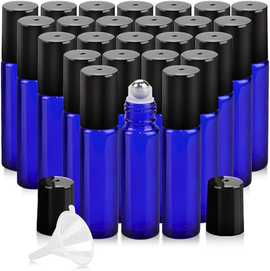 Worldgsb 25 Pack Essential Oil Roller Bottles, 10ml Refillable Glass Roller Bottles with Stainless Steel Roller Balls and Caps for Travel, Perfume and Lip Gloss Blue