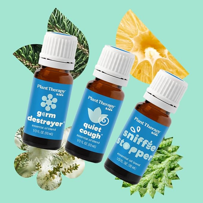 Plant Therapy Kids Feelin' Good Essential Oil Blend Set, Includes: Germ Destroyer, Quiet Cough, Sniffle Stopper 100% Pure, Undiluted, Natural Aromatherapy 10 mL (1/3 oz)