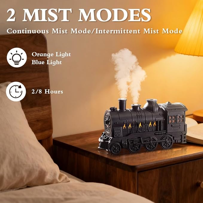 Vintage Steam Train Essential Oil Diffuser, 300ml Retro Train Quiet Aromatherapy Diffuser and Humidifier with Dual Color LED Light & 2 Mist Modes, Creative Home Decor & Gifts