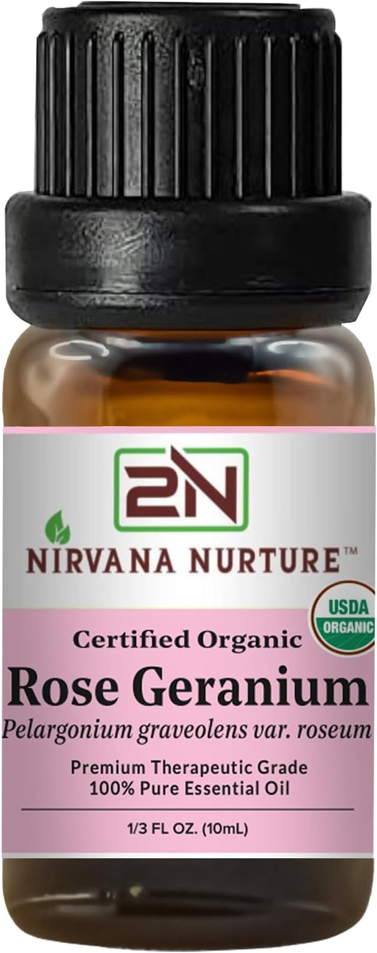 Rose Geranium Essential Oil, USDA Certified Organic, 100% Pure Undiluted, Aromatherapy Oil for Diffuser, Hair & Skin Care