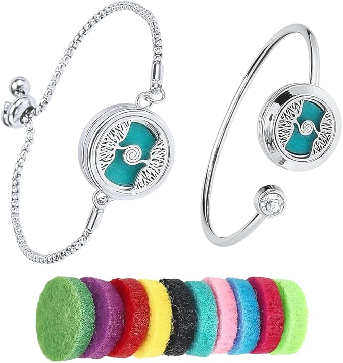 SUNNYCLUE 1 Box 2 Sets Essential Oil Bracelets Tree of Life Bangle Bracelet with 10Pcs Refill Pads Aromatherapy Diffuser Stainless Steel Adjustable Chain Band Pendant Jewelry for Women Gifts Birthday