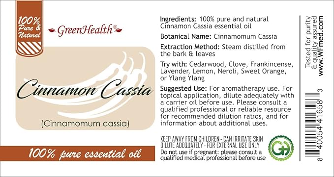 Cinnamon (Cassia) Essential Oil – 8 fl oz (237 ml) Aluminum Bottle w/Plug Cap – 100% Pure Essential Oil - GreenHealth