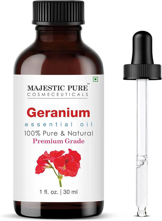 Majestic Pure Essential Oil with Glass Dropper - 100% Pure and Natural - Essential Oils for Diffuser, Aromatherapy, Soap and Candle Making, Geranium Essential Oil, Geranium Oil, 1 Fl Oz