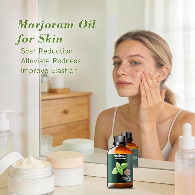 Marjoram Essential Oil, Pure Marjoram Oil Mumianhua Natural Herbaceous Oil for Bedroom, Natural Shield, Aromatherapy for Evening Ease, Outdoor Protection, Diffuser, Massage & Skin Care, 3.38 Fl Oz