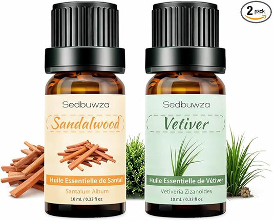 Sedbuwza Sandalwood Vetiver Essential Oil Set, Sandalwood Fragrance Oil Vetiver Scent Oil Set for Diffuser, Aromatherapy, Massage, Soap, Candle Making 2 x 10 ml