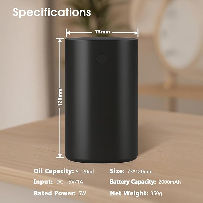 Waterless Diffuser for Essential Oil, Rechargeable Scent Diffuser Machine, 0.7 Fl.Oz./ 20mL Capacity, Mini Scent Air Machine, 4 Countdown Timers & 4 Mist Levels for Home, Room, Car, Office, Black
