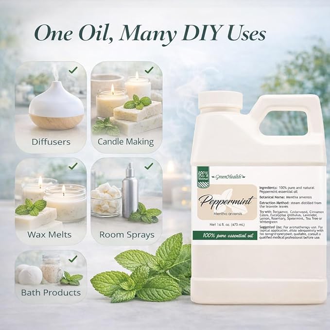 GreenHealth Peppermint Essential Oil 16 fl oz (473 mL) - 100% Pure Mentha Arvensis Oil for Diffusers, Candle Making, Soap Making, DIY Blends, Home Fragrance