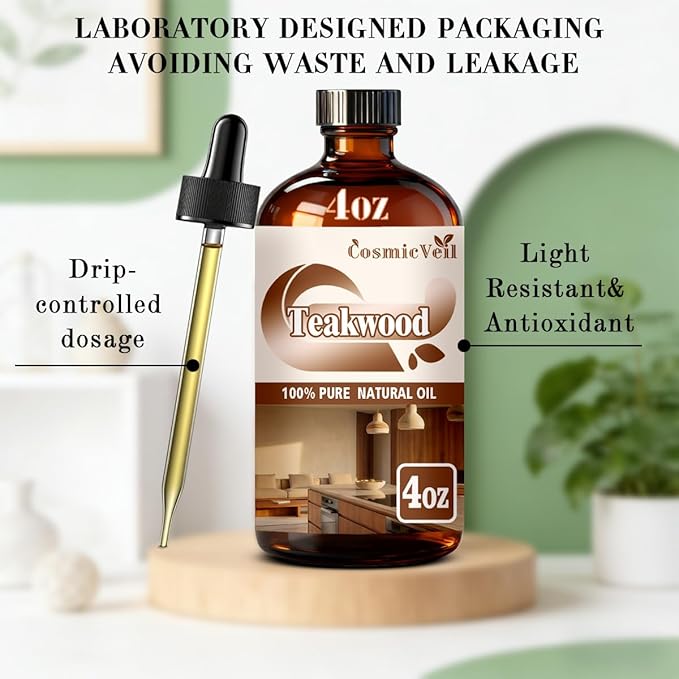 Teakwood Essential Oil Teakwood Oil for Aroma Diffuser,Humidifier,Home Fragrance,Cleaning,Body Care,Massage,Yoga,DIY Candle,DIY Soap CosmicVeil（Teakwood，4 Fl Oz (Pack of 1)）