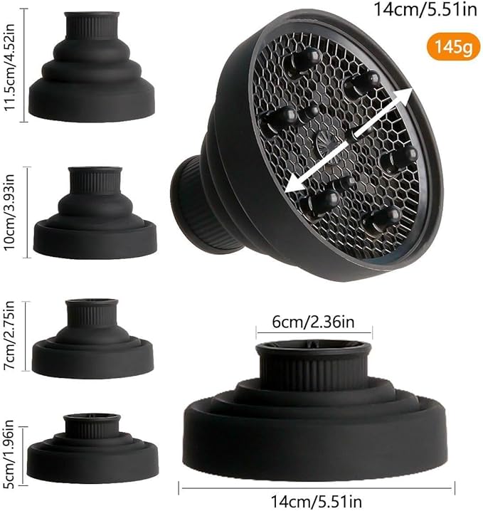 Collapsible Hair Dryer Diffuser Fit 1.57’’-1.96’’(4-5cm) Round Nozzle, Travel Hair Curly Difusor Attachment, Portable Silicone Diffuser for Hair Dryers, Salon Home Hair Blow Dryer Diffuser (Black)