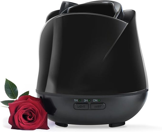 Earnest Living Rose Essential Oil Diffuser 150ml – Mini Ultrasonic Aromatherapy Humidifier for Bedroom & Desk, Quiet Mist, USB Powered, 7-Color Night Light, Valentine's Gift for Women, Solid Black