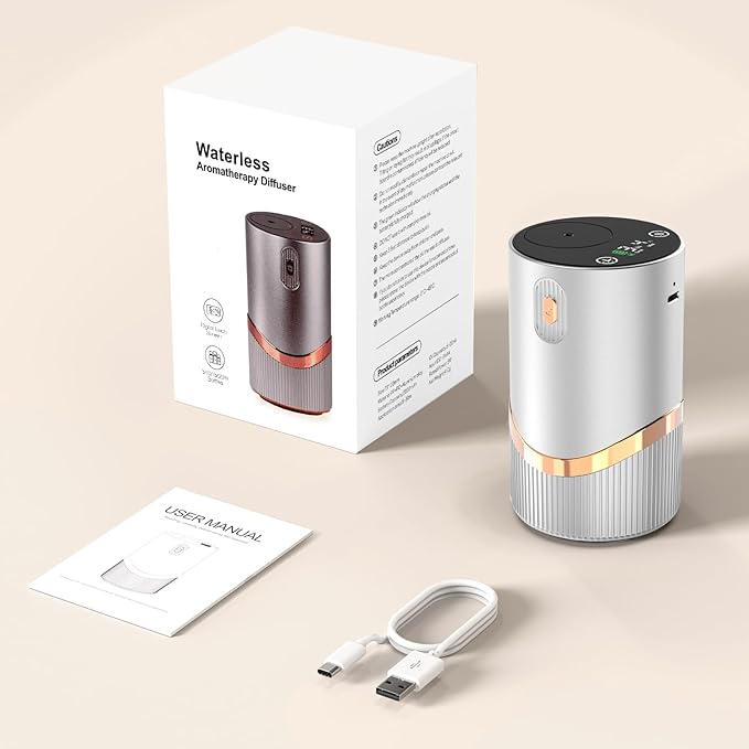 Waterless Essential Oil Diffuser Rechargable: Portable Aromatherapy Diffuser for Car and Home - 1/2/4/6H/Time Off 4 Mist Level for Room Office Bedroom (Sliver)