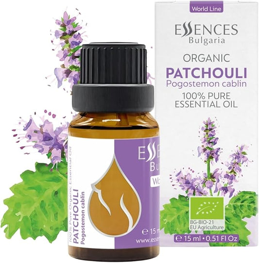 Essences Bulgaria Organic Patchouli Essential Oil 0.51 Fl Oz 15ml Pogostemon cablin - 100% Pure Natural Undiluted Therapeutic Grade for Aromatherapy Diffuser Sauna, DIY Perfume, Soap and Candle Making