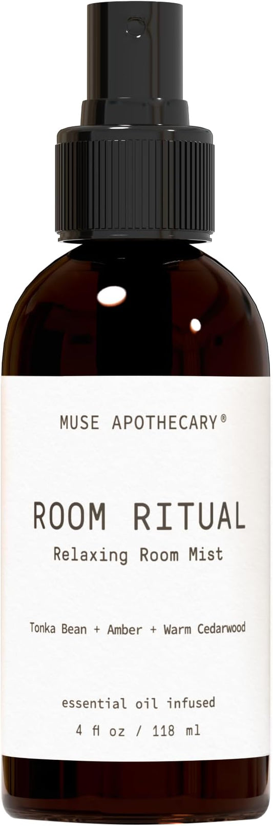 Muse Apothecary Room Ritual - Aromatic and Relaxing Room Mist, Infused with Natural Essential Oils - 4oz, Tonka Bean + Amber + Warm Cedarwood