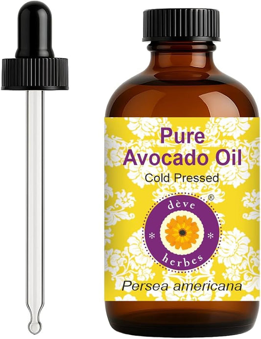 dève herbes Avocado Oil (Persea americana) with Glass Dropper | Cold Pressed | Pure | Natural | For Diluting Essential oils | Hair, Skin & Massage | Non-Sticky | Lightweight | Unisex | 120ml (4 oz)