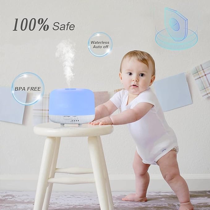 Magic Mist Aromatherapy Essential Oil Diffuser 500ml – Ultrasonic Diffuser with Remote Control, Timer, Auto Shut-Off, LED Light, Quiet Operation for Home Bedroom Office (White Wood Grain)