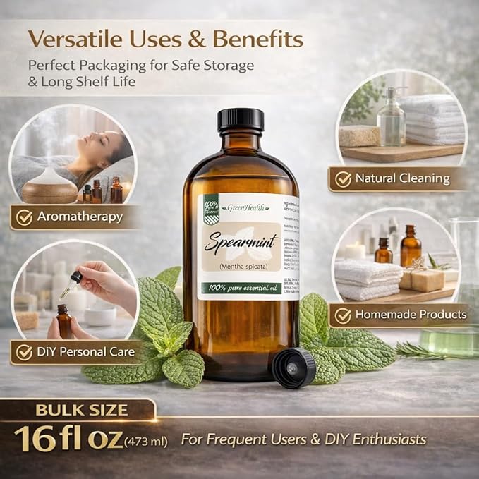 Spearmint Essential Oil – 16 fl oz (473 ml) – 100% Pure & Natural Mentha Spicata – Therapeutic Grade Bulk Essential Oil in Amber Glass Bottle with Dropper – GreenHealth