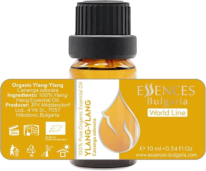 Essences Bulgaria Organic Ylang-Ylang Essential Oil 0.34 Fl Oz 10ml Cananga odorata - 100% Pure Natural Undiluted Therapeutic Grade for Aromatherapy Diffuser Candle and Soap Making Skincare Body Oil