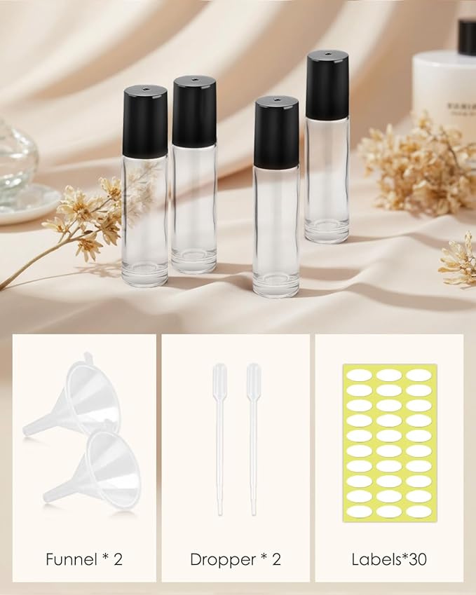 Worldgsb 12 Pack Essential Oil Roller Bottles, 10ml Refillable Clear Glass Roller Bottles with Stainless Steel Roller Balls and Caps for Travel, Perfume and Lip Gloss