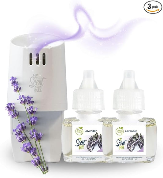 Scent Fill 100% Natural Lavender Plug in Air Freshener, Scented Oil Refills, 2 Refills + Diffuser