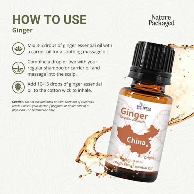 Ginger Essential Oil - Direct from Bio-Young Aromas - Pure Ginger Oil for Skin - Aceite de Jengibre - Aromatherapy 100% Therapeutic Premium Grade (15ml)