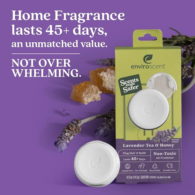 Enviroscent Non-Toxic Air Freshener Plug Hub® Warmer Refillable Kit - Refillable Plug-in Air Freshener - Home Fragrance Lasts Up to 45 Days - Mother’s Day Gift for Mom - Lavender Tea & Honey Scent