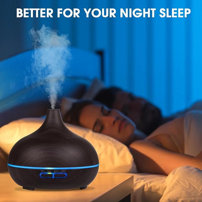 550ml ultrasonic Aromatherapy Essential Oil Diffuser with Remote Control, Dark Wood Grain, Including 6 Essential Oils, 4 Timer Settings, LED Light, Cold Mist humidifier