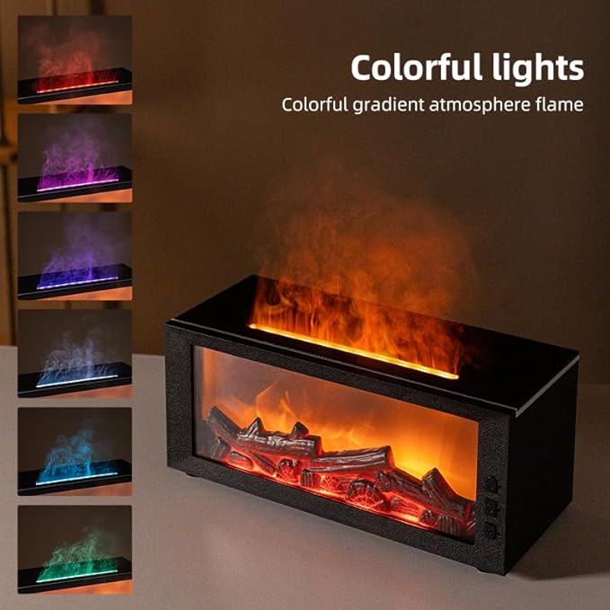 Fireplace Flame Diffuser & Humidifier with 2 Essential Oils – 4-in-1 Ultrasonic Aroma Mist Maker with Remote, 7-Color LED Flame Light, Auto Shut-Off, Quiet & Safe for Home, Bedroom, Office (Black)