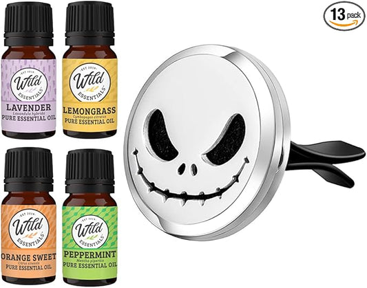 Wild Essentials Jack Skullington Essential Oil Car Vent Diffuser Kit, Lavender, Lemongrass, Peppermint, Orange Oils, Stainless Steel Locket Pendant, 8 Pads, Customizable Color Changing Air Freshener