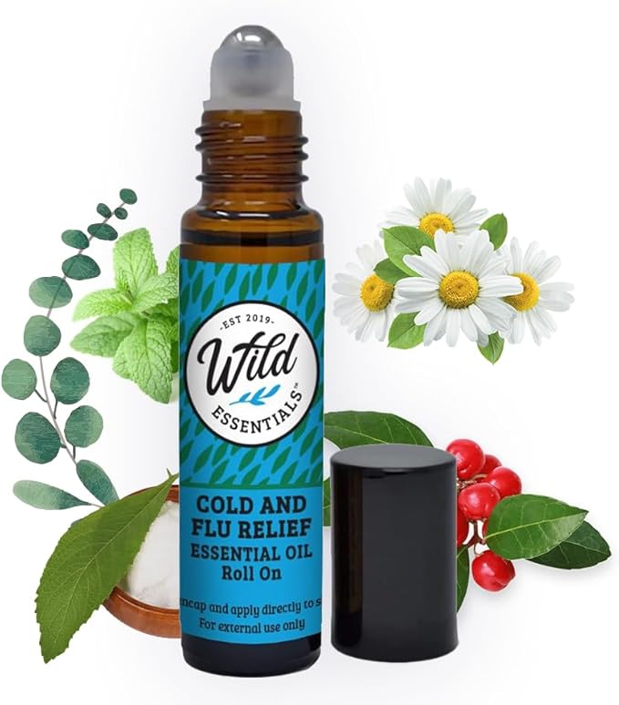 Wild Essentials Cold and Flu Relief Essential Oil Roll On, 10ml for Deep Relief, Made with 100% Pure, Premium Grade Essential Oils and Organic Jojoba Oil, Ready to Use, Moisturizer