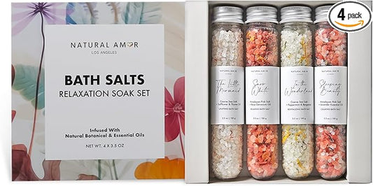 Natural Bath Salt Gift Set – 4-Pack Relaxing Soaks with Himalayan Pink Salt, Sea Salt, Essential Oils, Jojoba Oil & Dried Flowers – Spa Gift for Women & Self Care