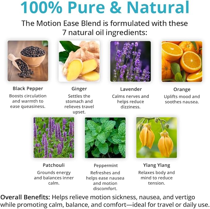 Wild Essentials Motion Ease 100% Pure Essential Oil Synergy Blend, 10ml, Formula for Motion Sickness, Nausea, Upset Stomach, Vertigo, Dizzy, seasick, carsick. Made and Bottled in The USA (1)