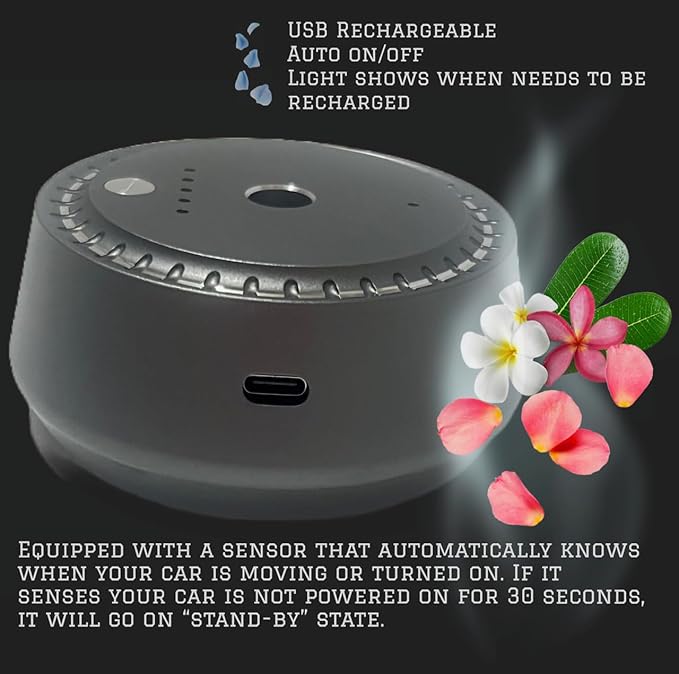 New Smart Aroma Diffuser, Automatic Freshener, Auto On/Off USB Waterless Essential Oil Diffuser for Car, Rechargeable Black and Chrome Mini Luxury Diffuser