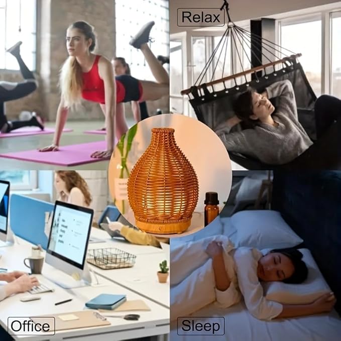 Essential Oil Diffuser - Rattan Humidifier,Multifunction Aromatherapy Diffuser with Warm Light 80ML Cool Mist Humidifier Waterless Auto Shut-off for Home,Baby Bedroom,Office
