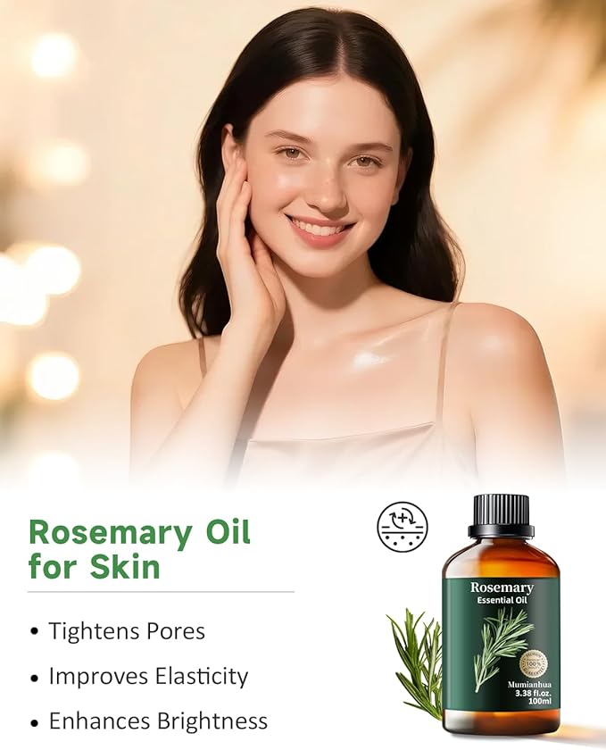 Rosemary Essential Oil, Mumianhua Pure Rosemary Oil Steam-Distilled for Scalp Revitalization & Hair Strength, Natural Focus for Diffuser & DIY, Skin 3.38 Fl Oz