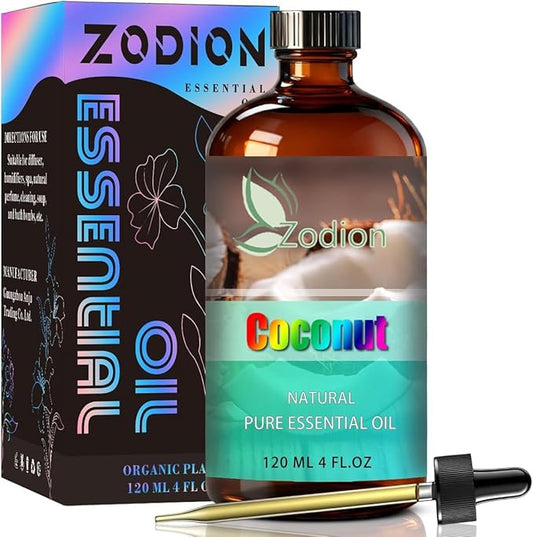 Coconut Essential Oil, 4 fl oz (120ml) - ZODION Coconut Fragrance Oil for Diffuser, Massage, Humidifier, DIY Candle, Soap Making, Home, Bath, Yoga