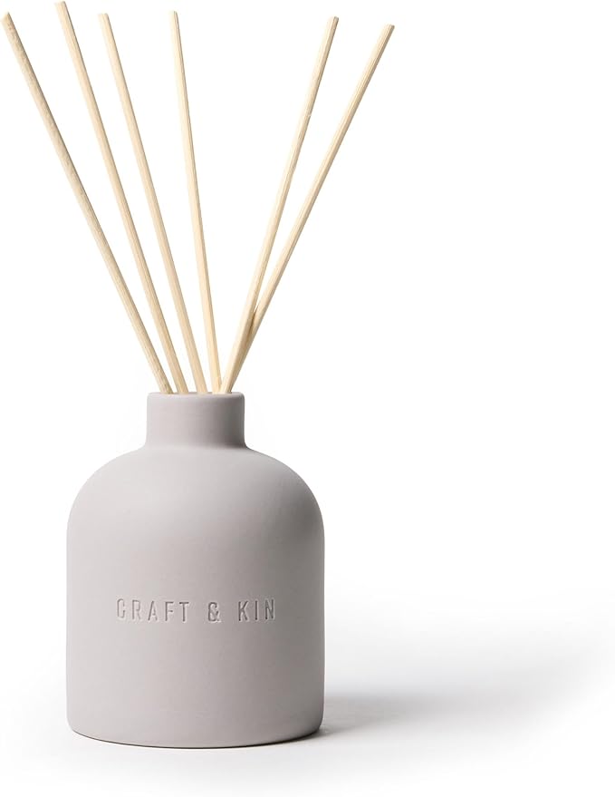 Craft & Kin Reed Diffuser for Home & Bathroom – Rose & Oud Holiday Reed Diffuser Set with Fragrance Sticks, Long-Lasting Alcohol-Free Scent, Earthenware Collection, 6.7oz