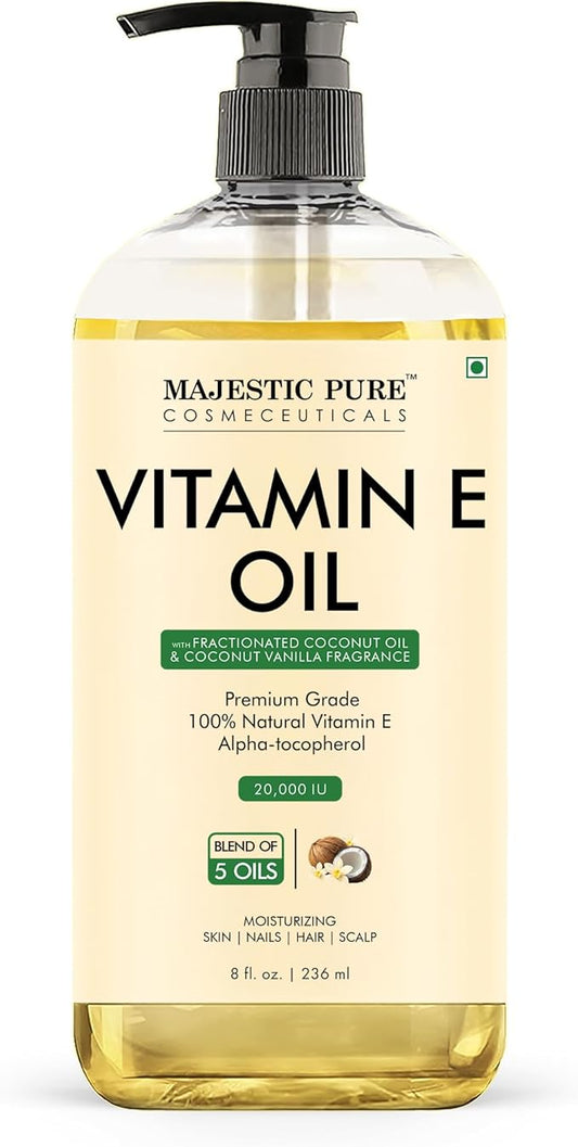 Majestic Pure Oil - 100% Pure and Natural- Cold Pressed & Hexane Free Natural Hair Growth Oil for Eyelashes, Eyebrows, Skin, Body, Face, Nails & Scalp - Coconut & Vanilla Formula Vitamin E Oil 8 Fl Oz