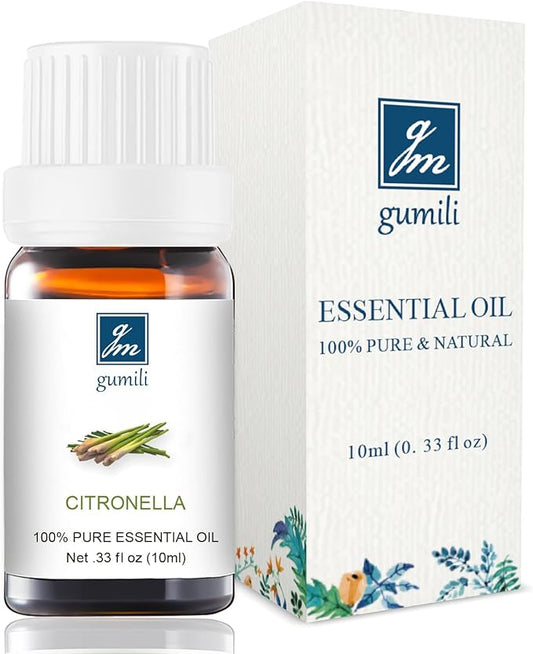 GM Gumili Citronella Essential Oil - 100% Pure Organic Oil for Diffuser, Spray, Candle Making & Skin Care - 10mL Glass Bottle